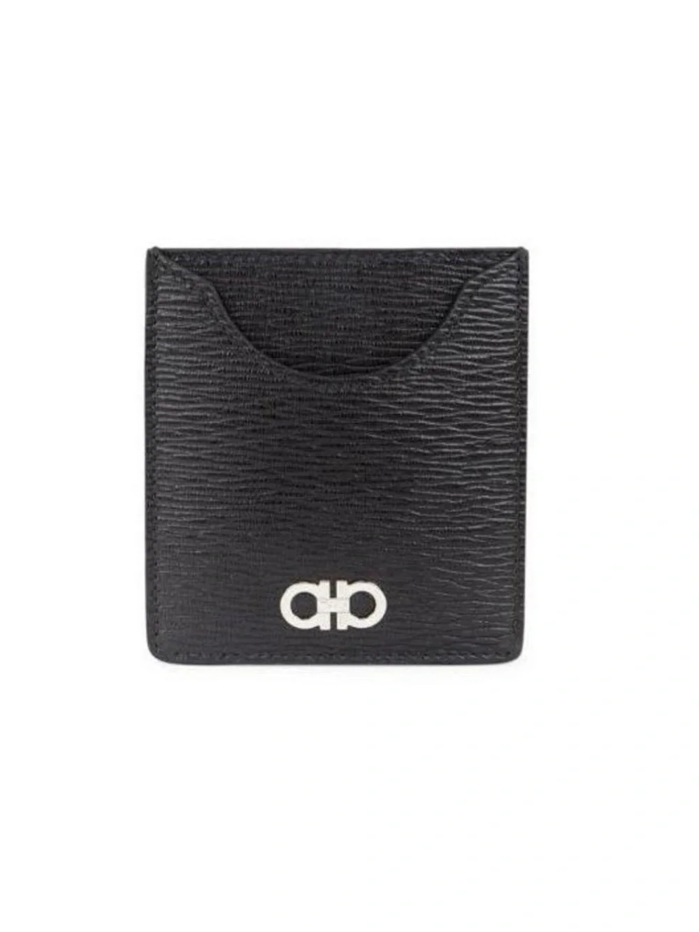 Salvatore Ferragamo Black Textured Leather Card Holder with Silver Gancini